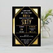 Art Deco 60. Geburtstag Black Gold Real Folieneinladung (Stehend vorne)