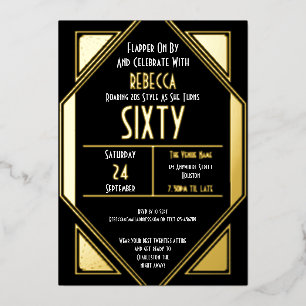 Art Deco 60. Geburtstag Schwarz Gold Echt Folieneinladung