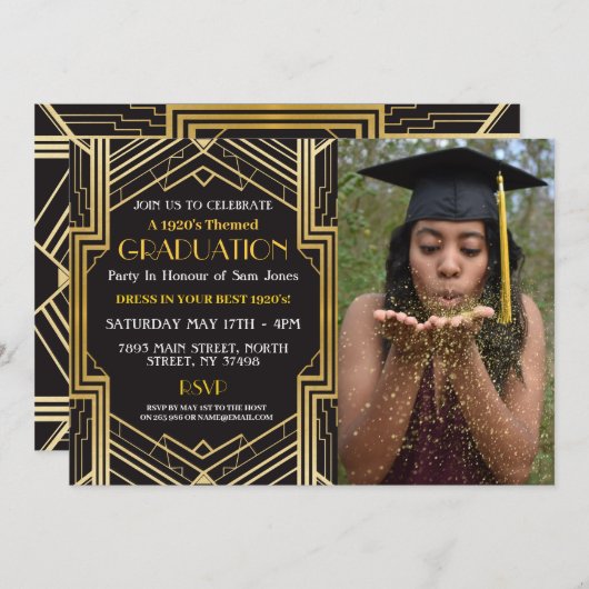 Art Deco Abschluss Foto Gatsby Party Gold der 1920 Einladung (Vorne/Hinten)