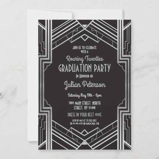 Art-Déco-Abschluss Silver Gatsby Party Einladung (Vorderseite)