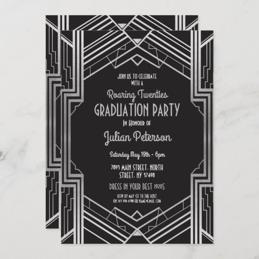 Art-Déco-Abschluss Silver Gatsby Party Einladung (Vorne/Hinten)