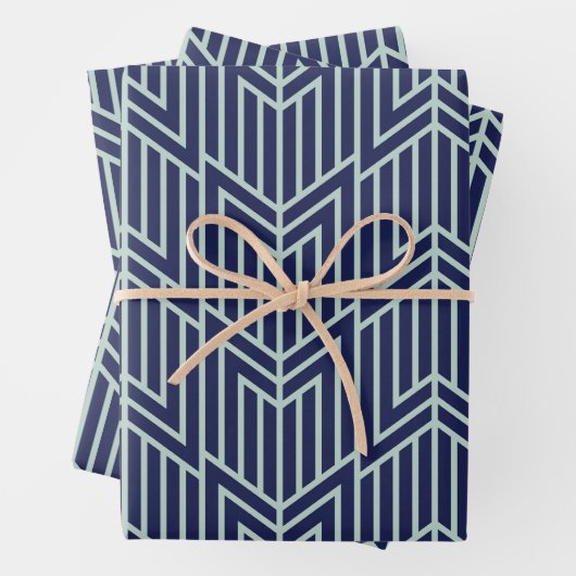 Art Deco Abstrakt Geometric Muster Blau Geschenkpapier Set (Beispiel)