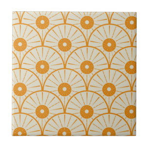 Art Deco Abstrakt Orange Sun on White Fliese