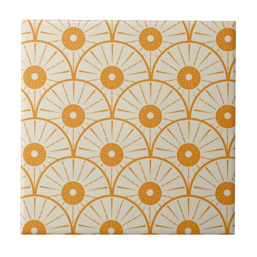 Art Deco Abstrakt Orange Sun on White Fliese (Vorderseite)