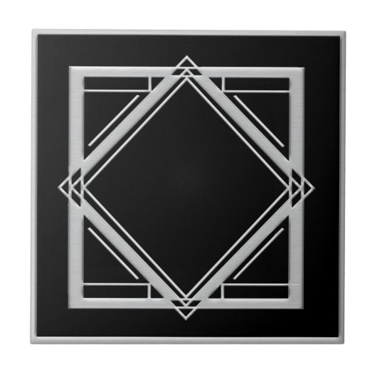Art Deco Abstrakt Style Black and Silver Tile Fliese (Vorderseite)