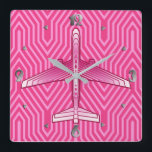 Art Deco Airplane, Fuchsia and Pastel Pink Quadratische Wanduhr<br><div class="desc">Clock in an Art Deco inspired concept of a futuristic plane,  in a striped,  silky gradient of deep fuchsia to pastel pink,  on a deep fuchsia pink,  Deco background</div>