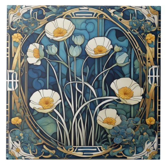 Art Deco Anemone Blume Art Nouveau Fliese (Vorderseite)