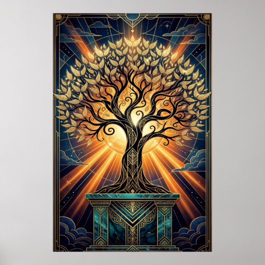 Art Deco Angelic Feather Tree Gold & Midnight Post Poster (Vorne)