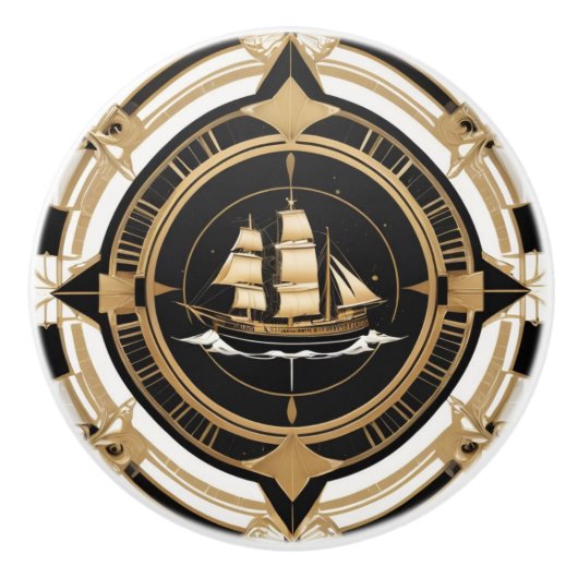 Art Deco Antikes Schiff Schwarz-weiß Gold Nautic Keramikknauf (Vorderseite)