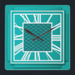 Art Deco, aquamarin blau Quadratische Wanduhr<br><div class="desc">Art-Deco,  aquamarin blau,  3-D-Effekt-Wanduhr mit weißen Zahlen - digitale Grafik</div>