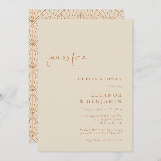 Art Deco Art Burnt Orange Elegante Paare Dusche/WC Einladung (Vorne/Hinten)