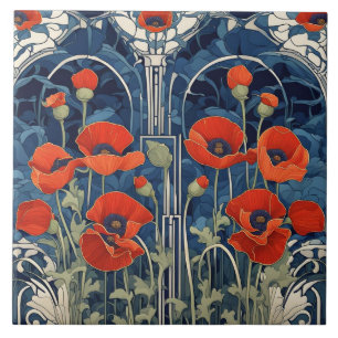 Art Deco Art Nouveau Rote Mohn Blume Blau Fliese