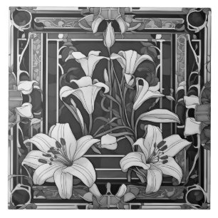 Art Deco Art Nouveau Weißer Blume Grau florale Fliese