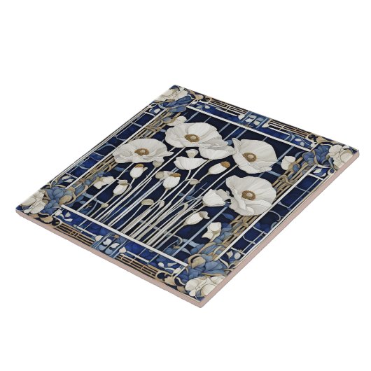 Art Deco Art Nouveau Weißer Mohn Blume Blau Fliese (Seite)