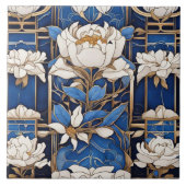 Art Deco Art Nouveau White Peony Blume Blue Fliese (Vorderseite)