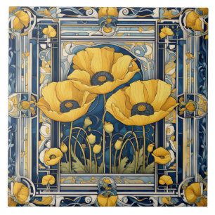 Art Deco Art Nouveau Yellow Poppy Blume Blau Fliese