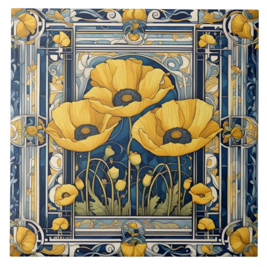 Art Deco Art Nouveau Yellow Poppy Blume Blau Fliese (Vorderseite)