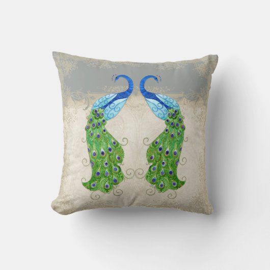 Art Deco Art Peacock Grau Vintage Spitze Kissen (Vorderseite)