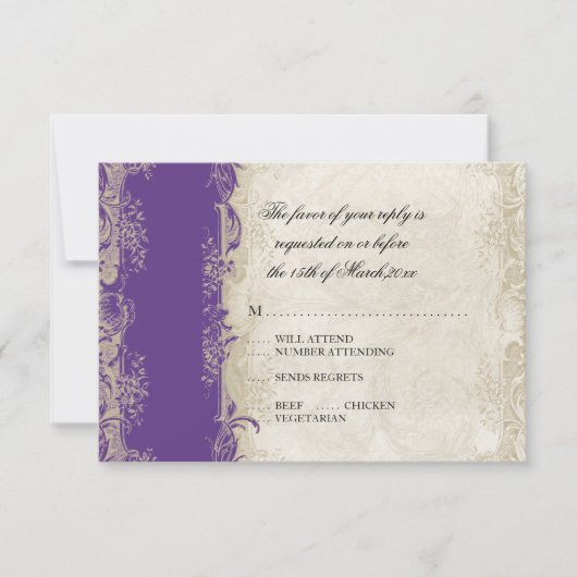 Art Deco Art Peacock Lila an Creme Vintage Spitze RSVP Karte (Vorderseite)