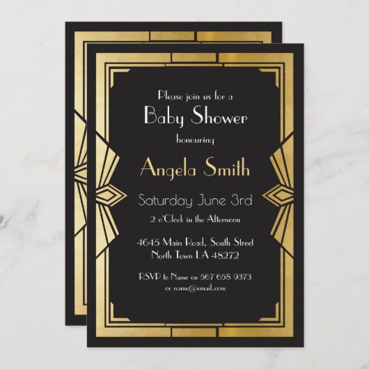 Art Deco Baby Shower Gatsby Black Invite 1920er Einladung (Vorne/Hinten)