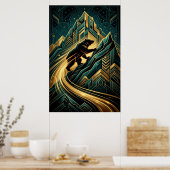 Art Deco Bear Mountain Climb Golden Path Poster (Küche)