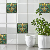 Art Deco Beautiful Lily Türkis Green Gold Fliese