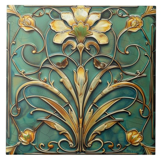 Art Deco Beautiful Lily Türkis Green Gold Fliese (Vorderseite)