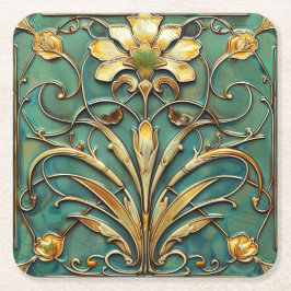 Art Deco Beautiful Lily Türkis Green Gold Rechteckiger Pappuntersetzer