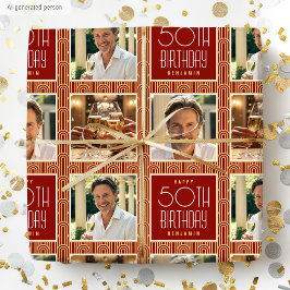Art Deco Benutzerdefiniertes Alter Foto Geburtstag Geschenkpapier