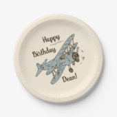 Art Deco Bi-Flugzeug - blau Happy Birthday + Name. Pappteller (Vorderseite)