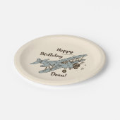 Art Deco Bi-Flugzeug - blau Happy Birthday + Name. Pappteller (Schrägansicht)
