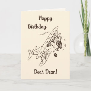 Art Deco Bi-Flugzeug - Happy Birthday + Name. Karte
