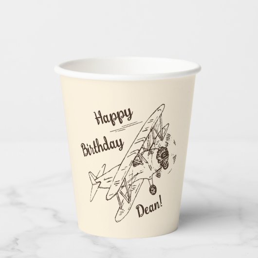 Art Deco Bi-Flugzeug - Happy Birthday + Name. Pappbecher (Vorderseite)