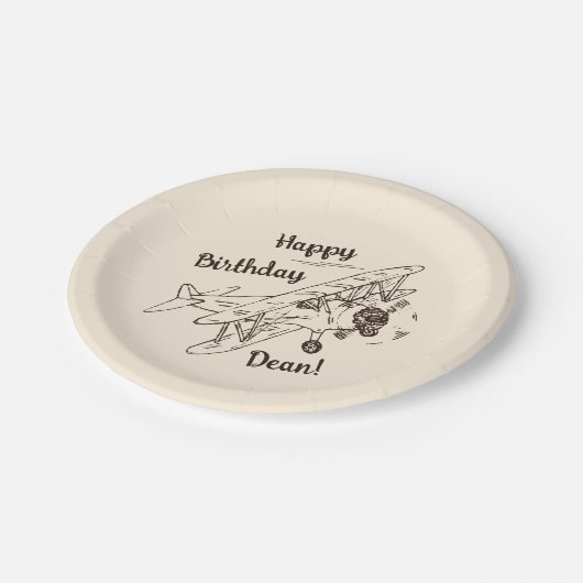 Art Deco Bi-Flugzeug - Happy Birthday + Name. Pappteller (Schrägansicht)