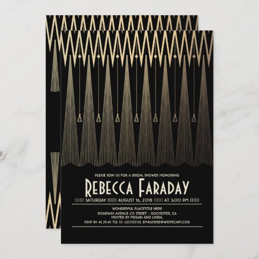Art Deco Black and Gold Gatsby Brautparty Einladung (Vorne/Hinten)