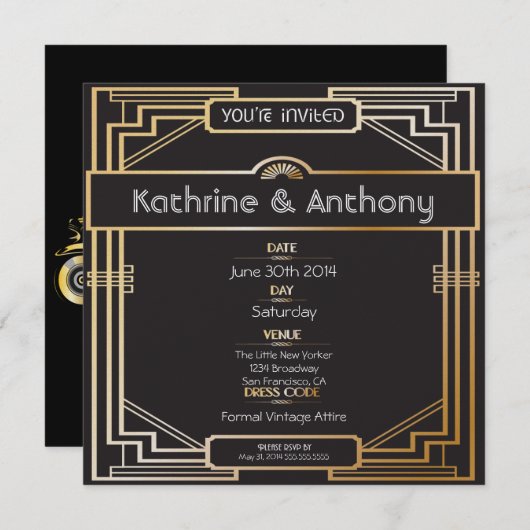 Art Deco Black and Gold Gatsby Hochzeit Einladung (Vorne/Hinten)