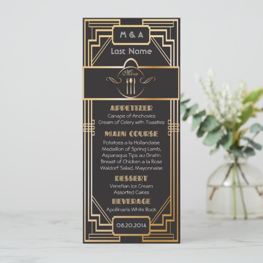 Art Deco Black and Gold Gatsby Wedding Menükarte (Stehend Vorderseite)