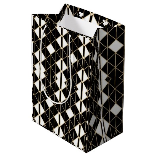 Art Deco Black and Gold Geometric luxury Mittlere Geschenktüte (Rückseite Schrägansicht)