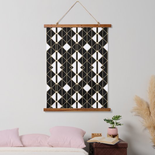 Art Deco Black and Gold Geometric luxury Wandteppich Mit Holzrahmen (Schlafzimmer)