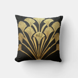 Art Deco Black and Gold Hieroglyphic Plant Motif Kissen