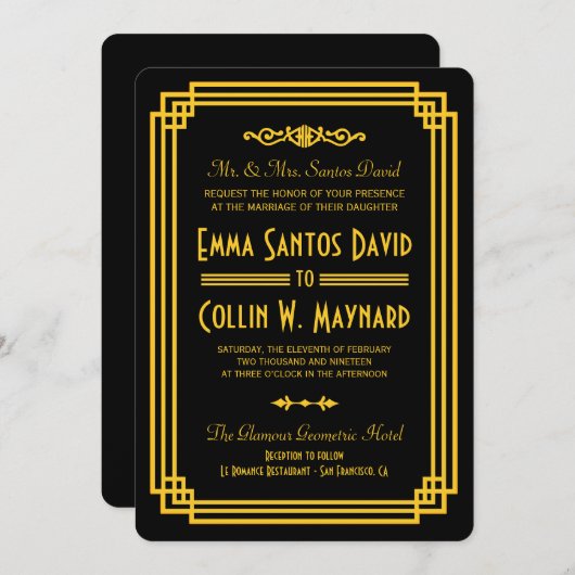 Art Deco Black and Gold Hochzeiten Einladungen (Vorne/Hinten)