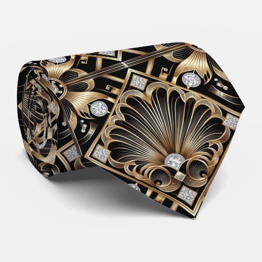 Art Deco Black and Gold Seashell Pattern Neck Tie Krawatte (Gerollt)