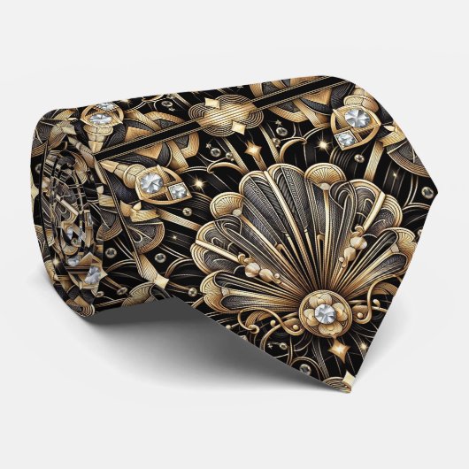 Art Deco Black and Gold Seashell Pattern Neck Tie Krawatte (Gerollt)