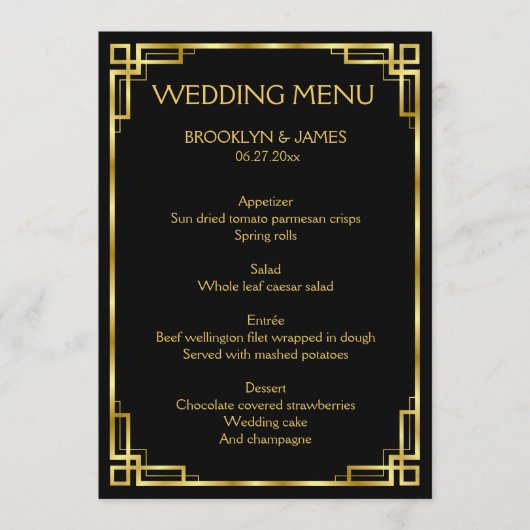 Art Deco Black and Gold Wedding Menu Karte (Vorderseite)