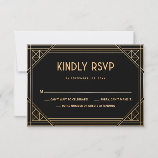 Art Deco Black and Gold Wedding QR Code RSVP Card Dankeskarte (Vorderseite)