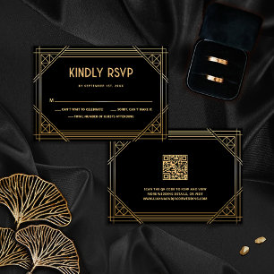 Art Deco Black and Gold Wedding QR Code RSVP Card Dankeskarte