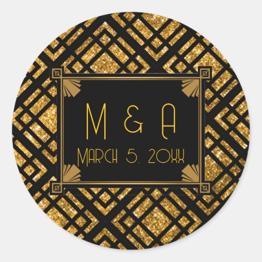 Art Deco Black and Gold Wedding Round Stickers (Vorderseite)