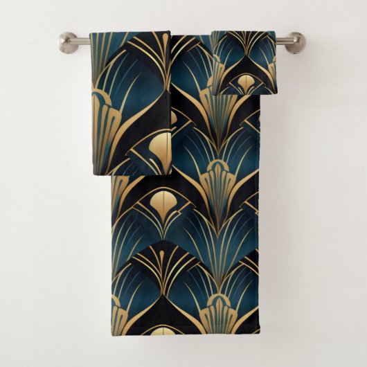 Art Deco Black Blue und Gold symmetrisch Badhandtuch Set (Insitu)