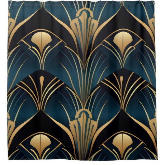 Art Deco Black Blue und Gold symmetrisch Duschvorhang (Vorderseite)