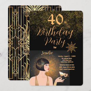 Art Deco Black & Gold 40. Geburtstag Party Einladung